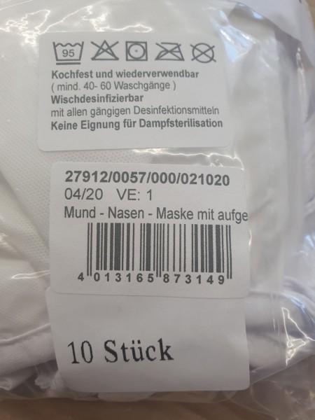 Mund- und Nasenmaske - viren-, bakteriendicht, waschbar (10 Stück je Packung)