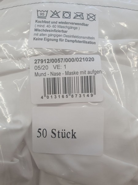 Mund- und Nasenmaske - viren-, bakteriendicht, waschbar (50 Stück je Packung)
